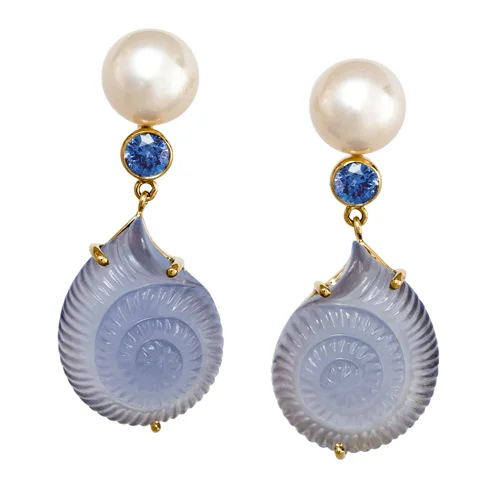 Blue Chalcedony Nautilus Shell Ceylon Sapphires Akoya Pearl Pierced Drop Earring