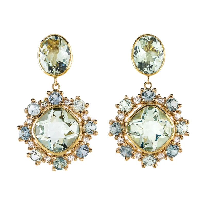 Antique Cushion Praziolite with Montana Sapphire and Diamond Pierced, Drop Earrings