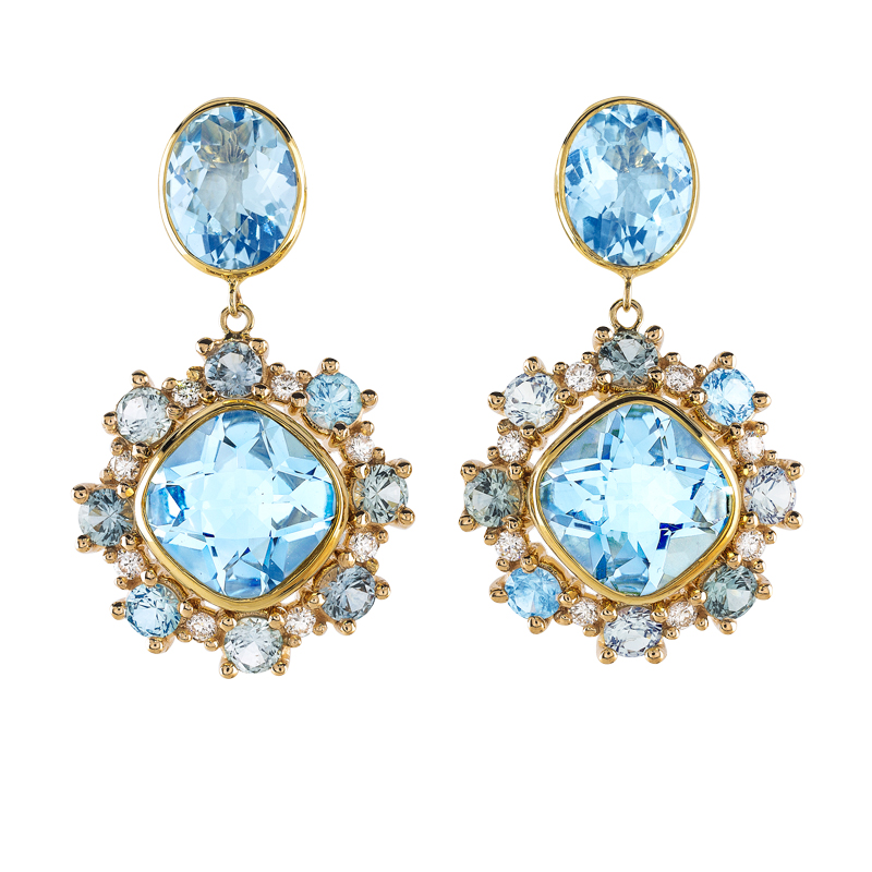 Antique Cushion Blue Topaz with Montana Sapphire and Diamond Pierced, Drop Earrings