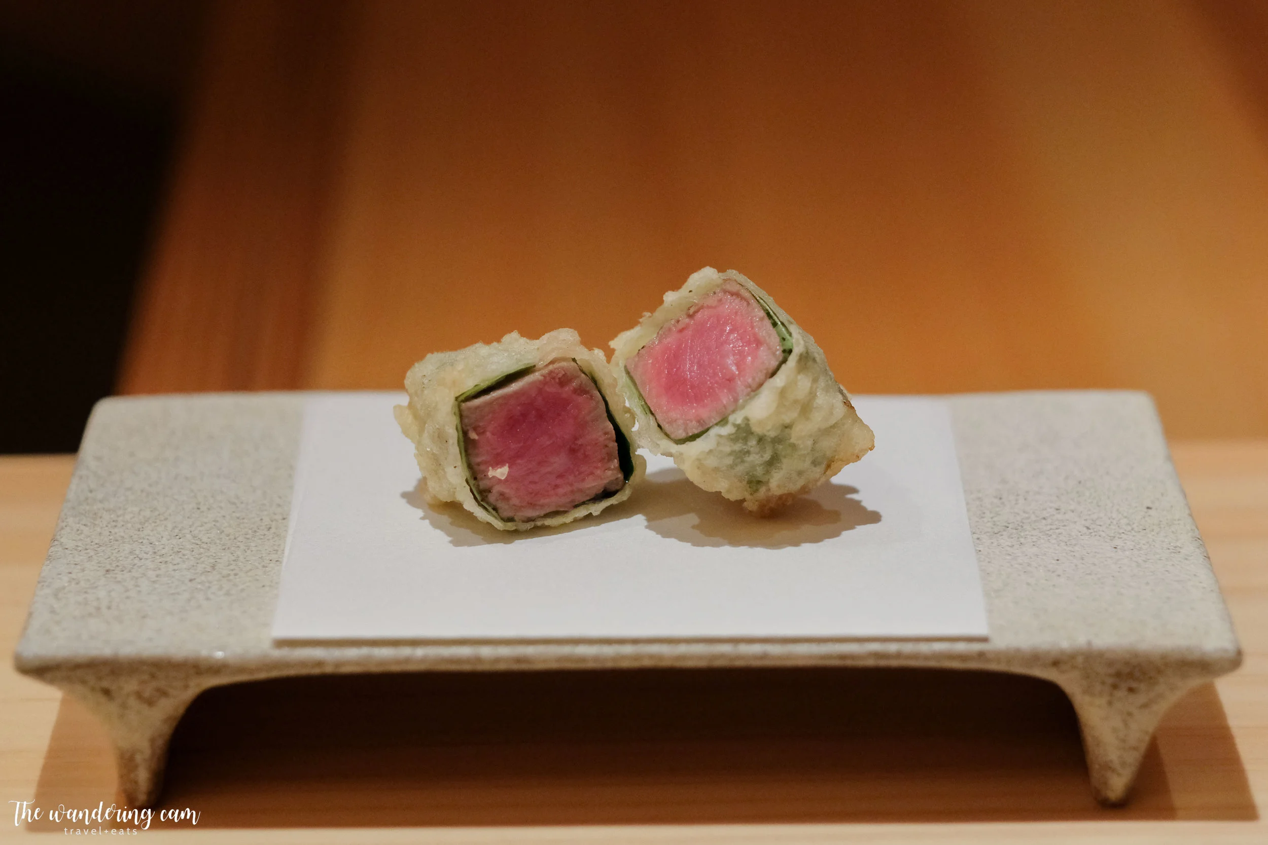 Tempura of Kagoshima wagyu wrapped in shiso leaf - paired with white truffle salt