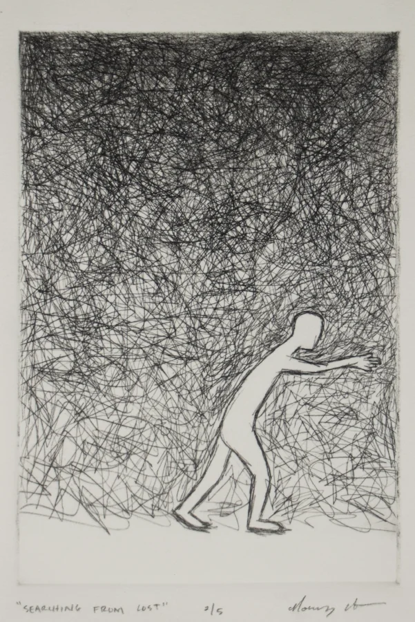 "Searching from lost." Drypoint on acrylic. 4x5.75"