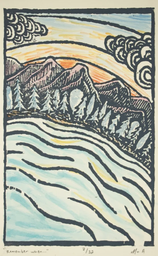 "Remember When (Wedding Invitation)" Woodcut with hand painting. 4.75x7.5" In Collaboration with Aaron Logan.