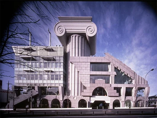 M2 in Tokyo, Japan by Kengo Kuma, 1991. Once again a comical reference to classical architecture with an enormously overscaled Ionic column. Image Source: Kengo Kuma and Associates