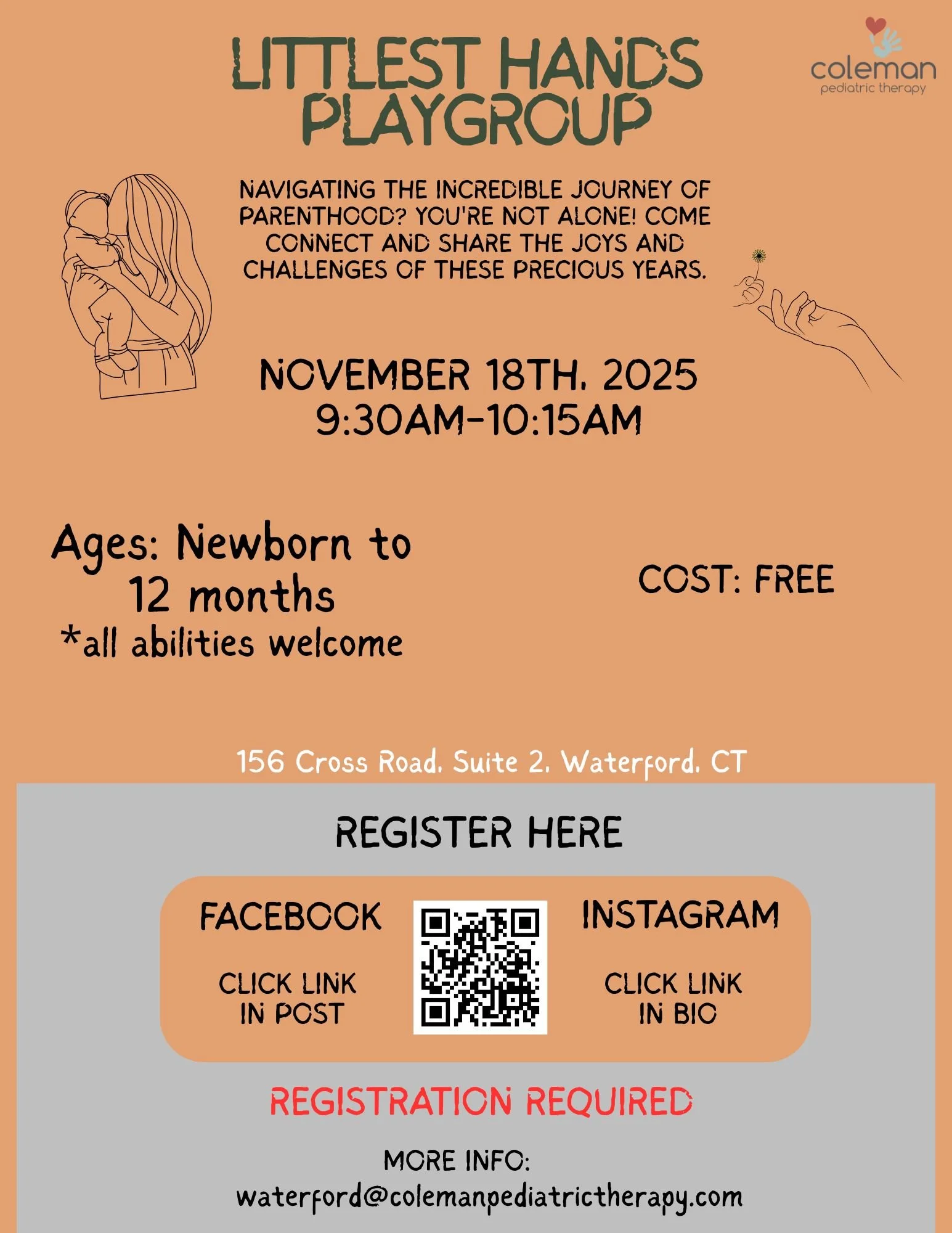 Join us on November 18th at 9:30am for our Littlest Hands PlayGroup!

The FREE playgroup is designed for parents and young children ages 0 to 12 months of age. Parents can share the incredible journey of parenthood including the joys and challenges. 