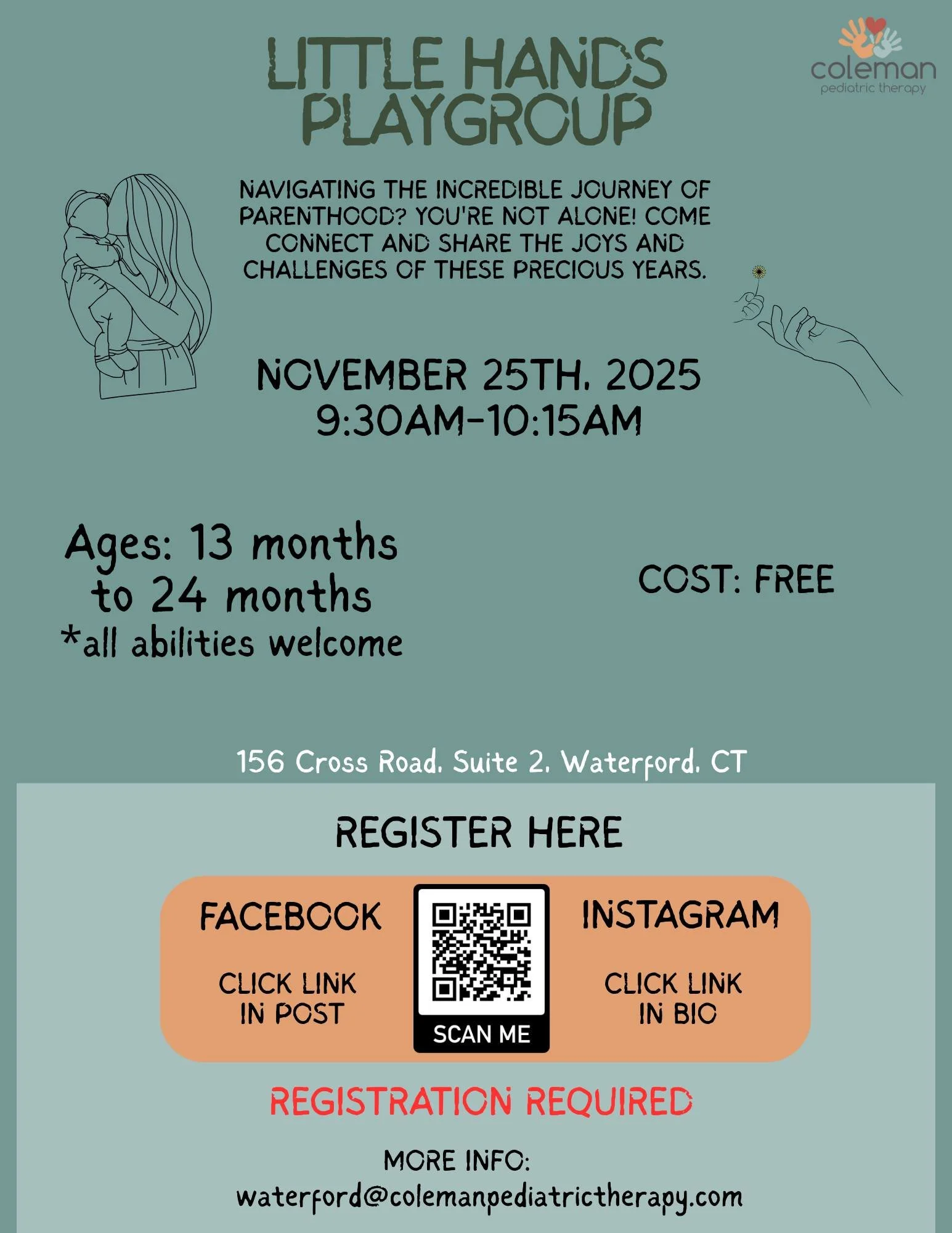 Join us on November 25th at 9:30am for our Little Hands Play Group!

This free playgroup is designed for parents and young children ages 13 months to 24 months. Parents can share the incredible journey of parenthood including the joys and challenges.
