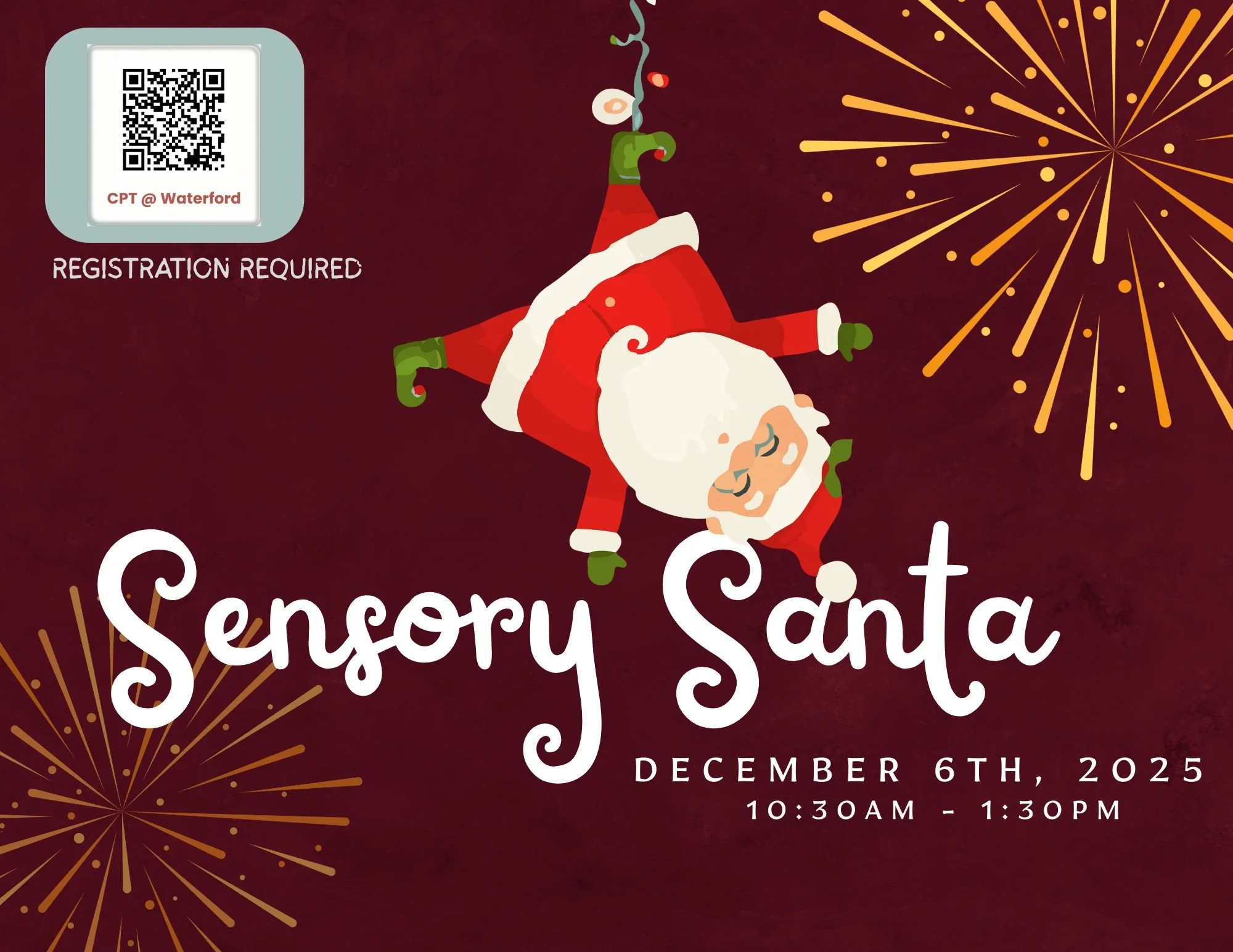 ✨ Experience the Magic of Sensory Santa! ✨

Join CPT at Waterford for a truly inclusive and relaxed holiday experience designed just for your family! Our Sensory Santa event is built to provide comfort, calm, and joy without the stress of typical cro
