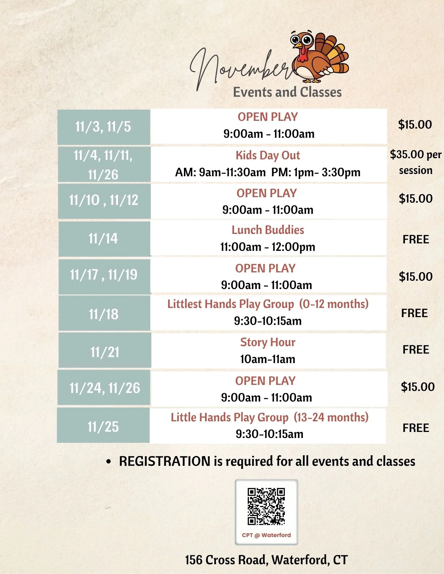 ✨ Don't Miss Out! November Events &amp; Classes in Waterford! ✨

The days may be getting shorter, but our calendar is full of exciting opportunities at CPT Waterford! Get a head start on your fall and holiday plans.

👉 Important Reminder: REGISTRATI