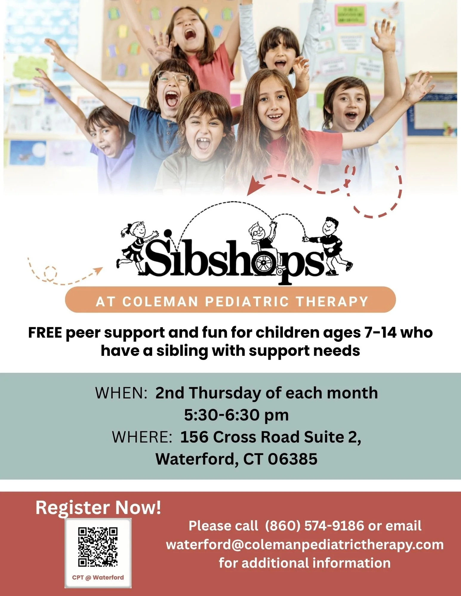 🎉 Announcing Sibshops at Coleman Pediatric Therapy! 🎉

We are thrilled to introduce Sibshops to our community! This worldwide program is a lively, fun-filled opportunity for the brothers and sisters of children with special health and developmental