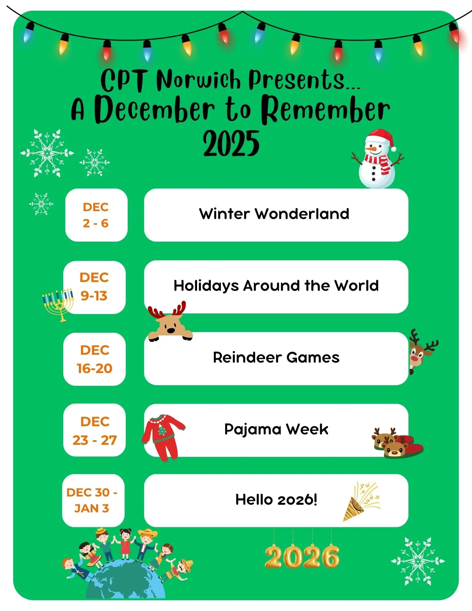 🎄✨ A December to Remember &mdash; Presented by CPT Norwich! ✨🎄

We&rsquo;re excited to kick off a month full of fun, growth, and holiday magic! Join us for themed weeks designed to spark joy and support development through festive sensory play, fin