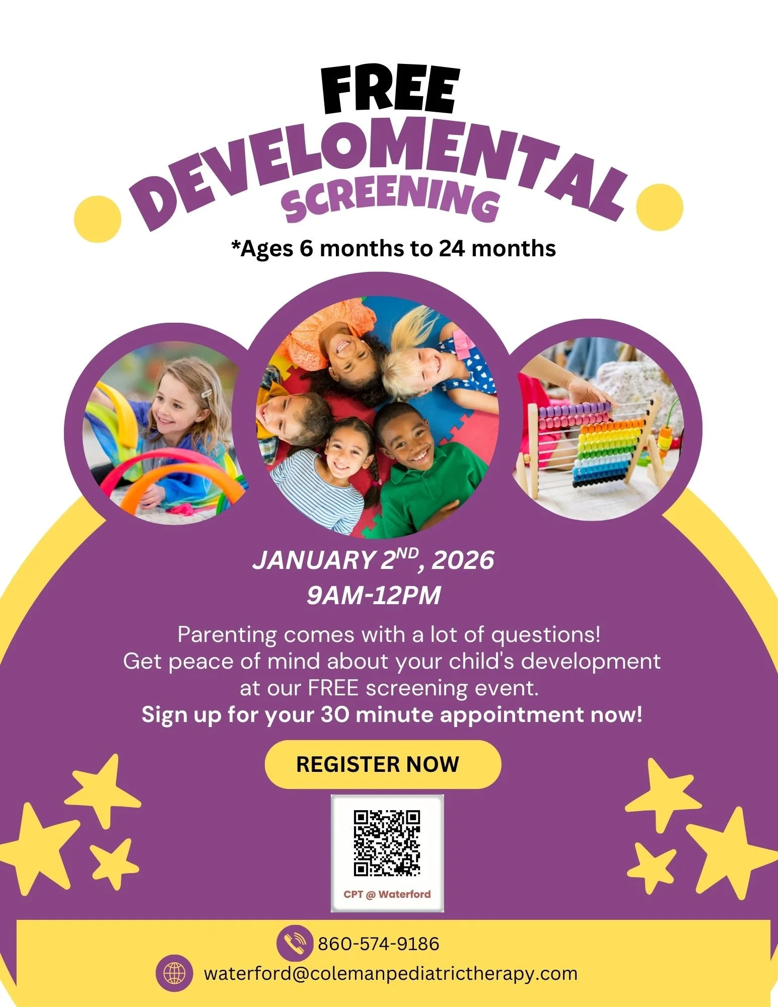 At Coleman Pediatric Therapy, we believe every child deserves a strong start. That's why we're offering a FREE developemental screening for children ages 6 months to 24 months of age on January 2nd. 

These screenings are not tests - they are simple,