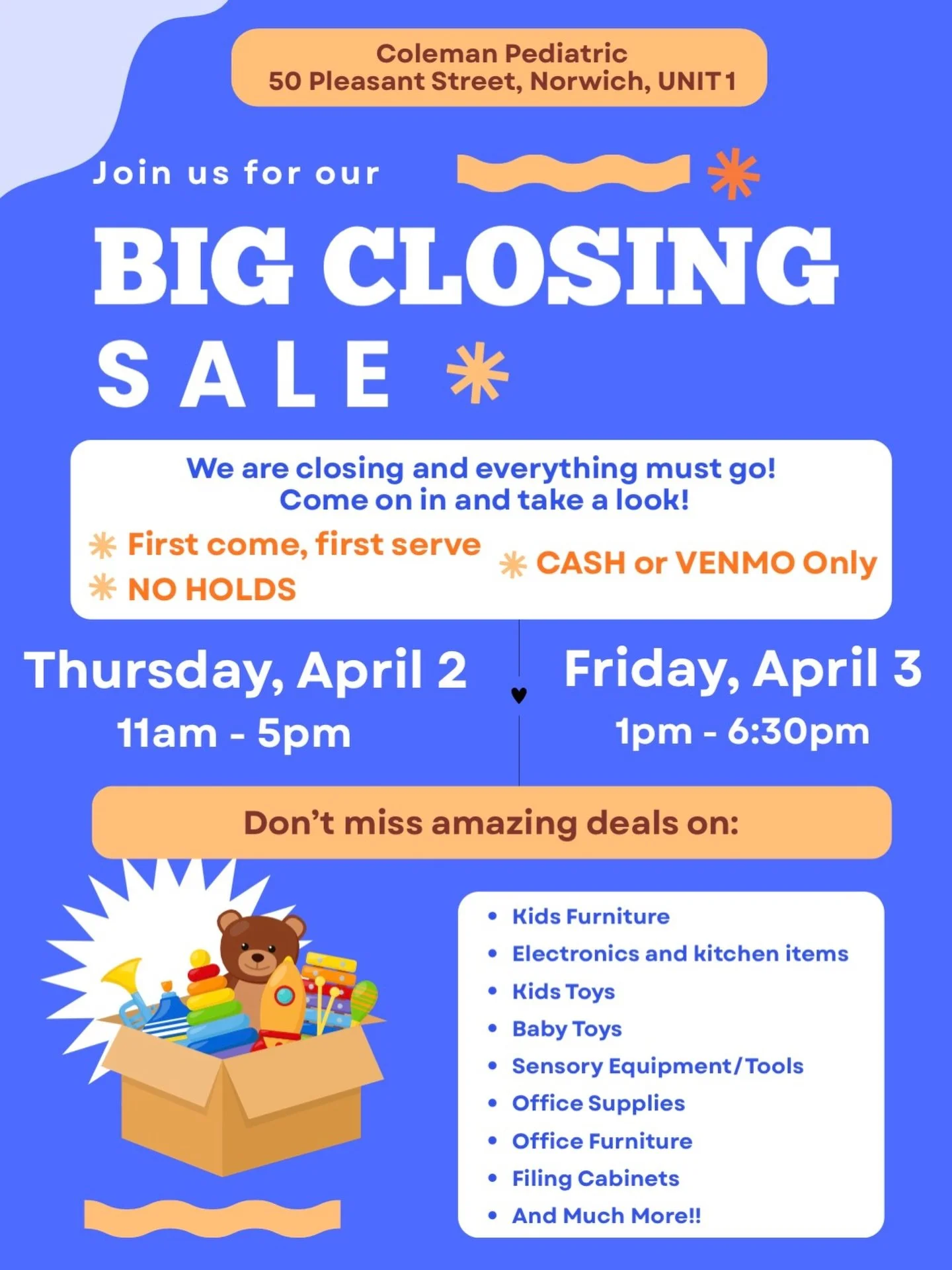 Two chances to check out the deals at our business closing sale. 🧡💙❤️

NORWICH location only 

*venmo and cash accepted
*NO holds