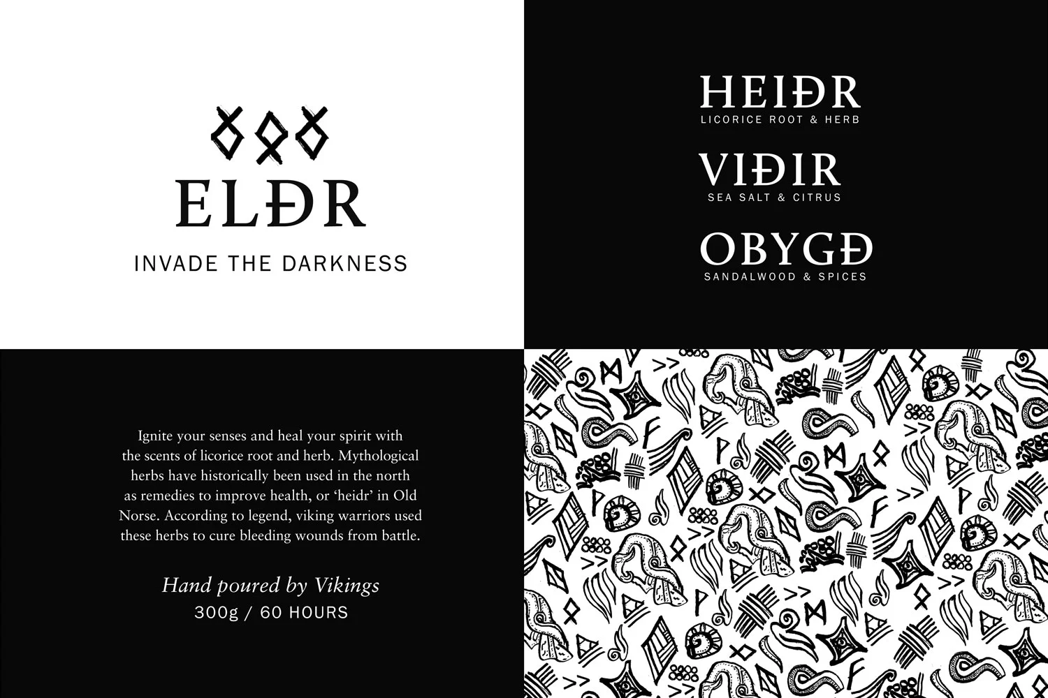 Referencing Viking runes, carvings, weaponry and mythological creatures I created ink drawings which I then formed into a pattern for the packaging.
