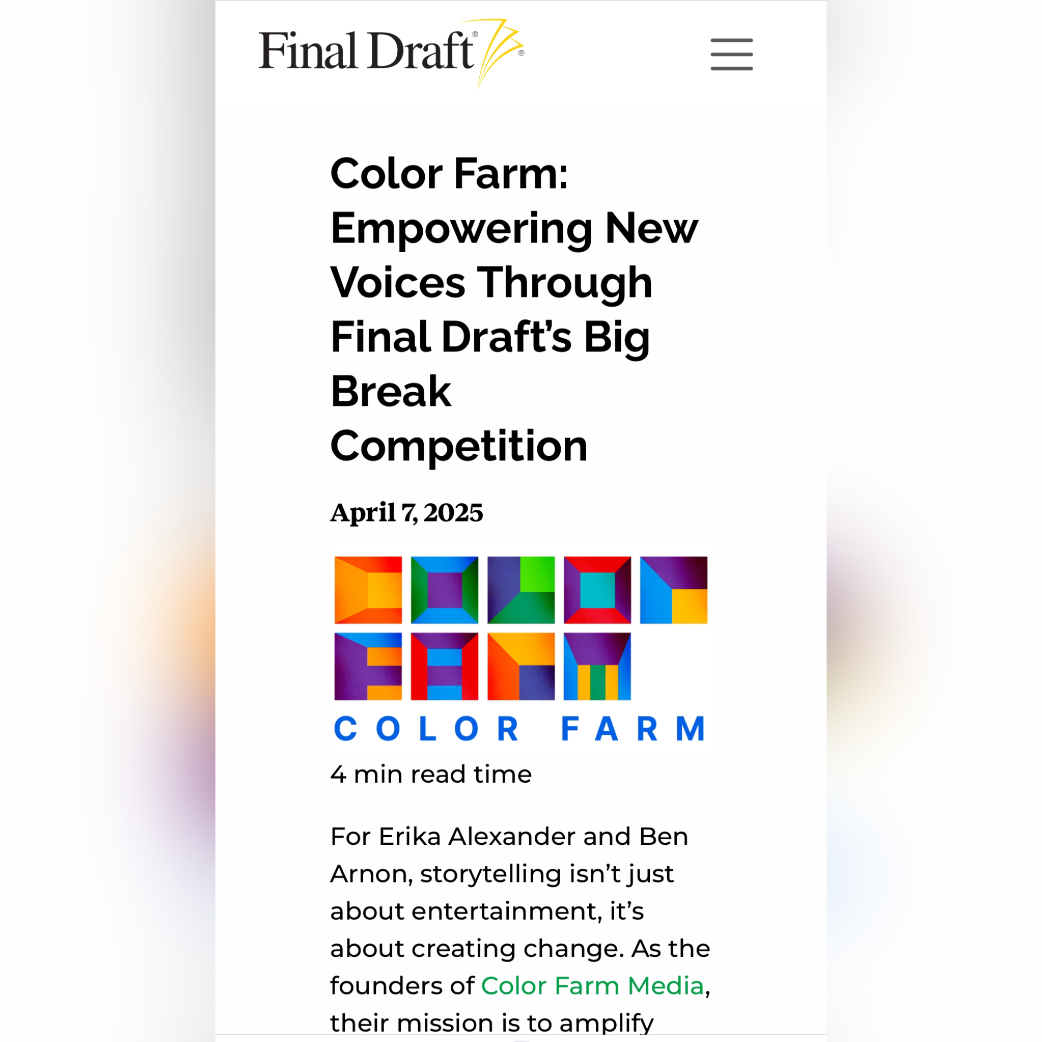 Color Farm: Empowering New Voices Through Final Draft’s Big Break Competition