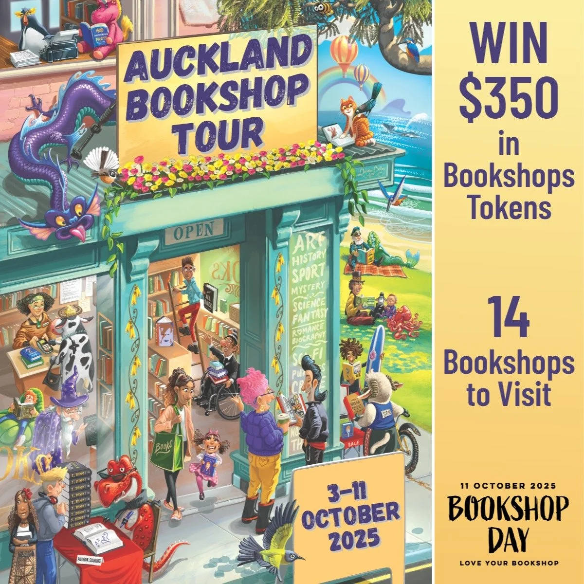 Announcing the first in series of Bookshop Day activites, we are again collaborating with our local bookshop friends for the Auckland Bookshop Tour.
Visit at least two stores and collect a stamp with your purchase at each store (no minimum spend).