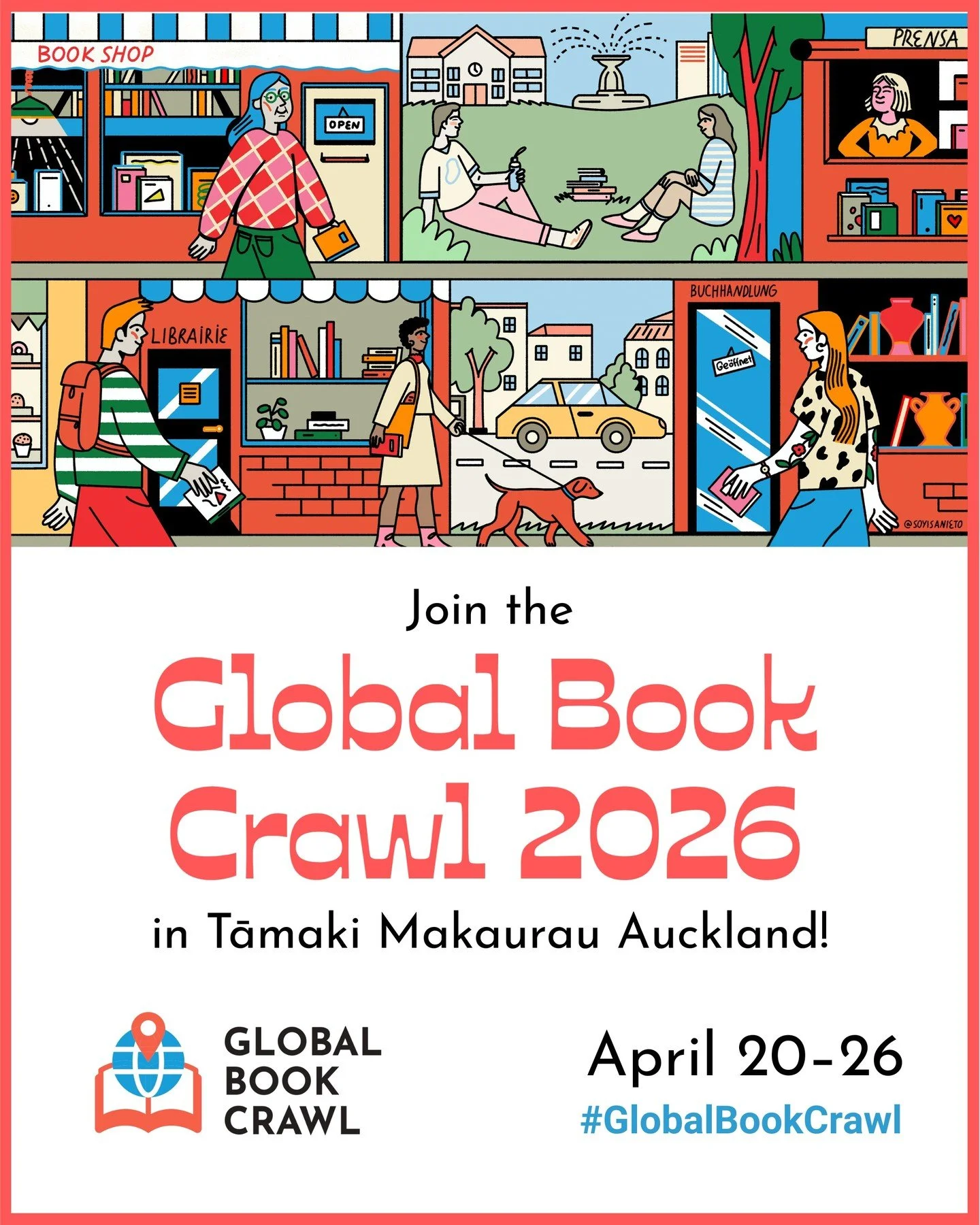 Are you up for a bookshop adventure? Join us for the #GlobalBookCrawl 2026! 

This is the first year Aotearoa has taken part in this exciting globe-spanning event, and we have so many amazing bookshops to explore!
Collect a GBC passport from particip