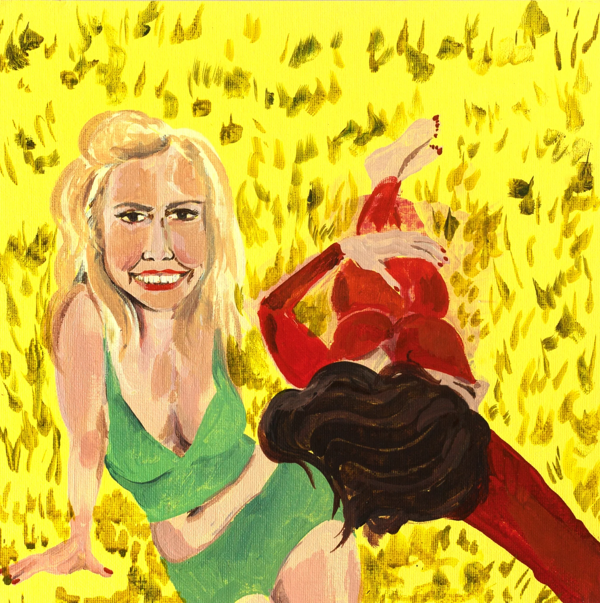 || girls in dead grass. || 12 in. x 12 in. || acrylic on paper board || 2016. ||