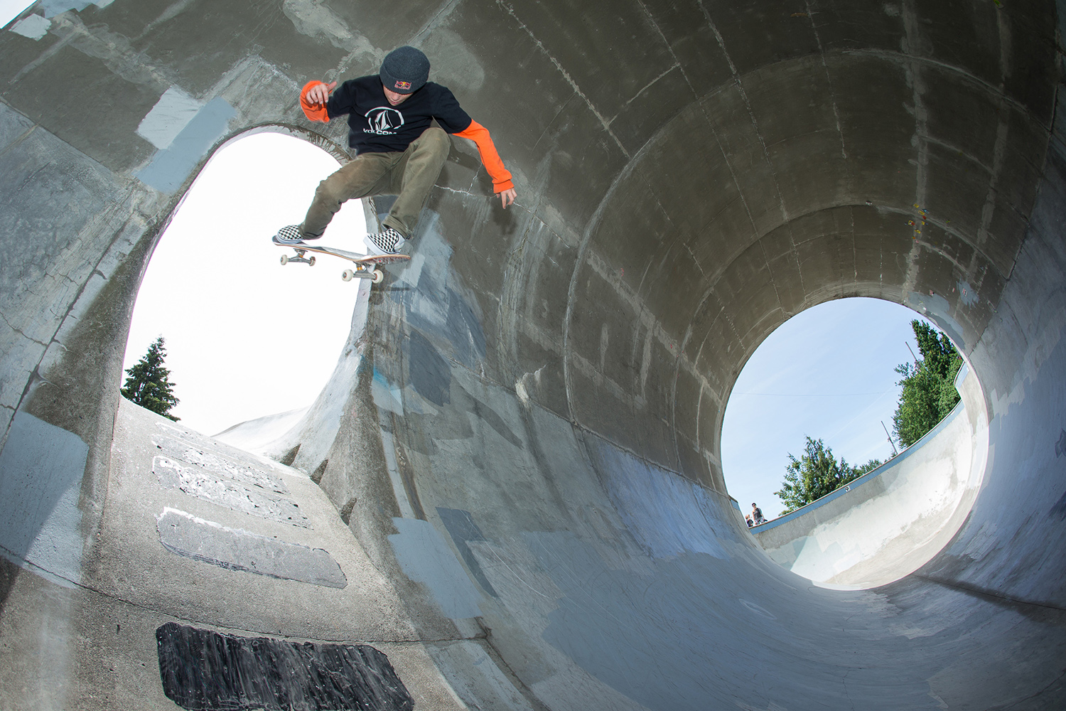  Visiting professional skater CJ Collins clears Pier Park’s full pipe mouse hole with an impressive backside 360. 