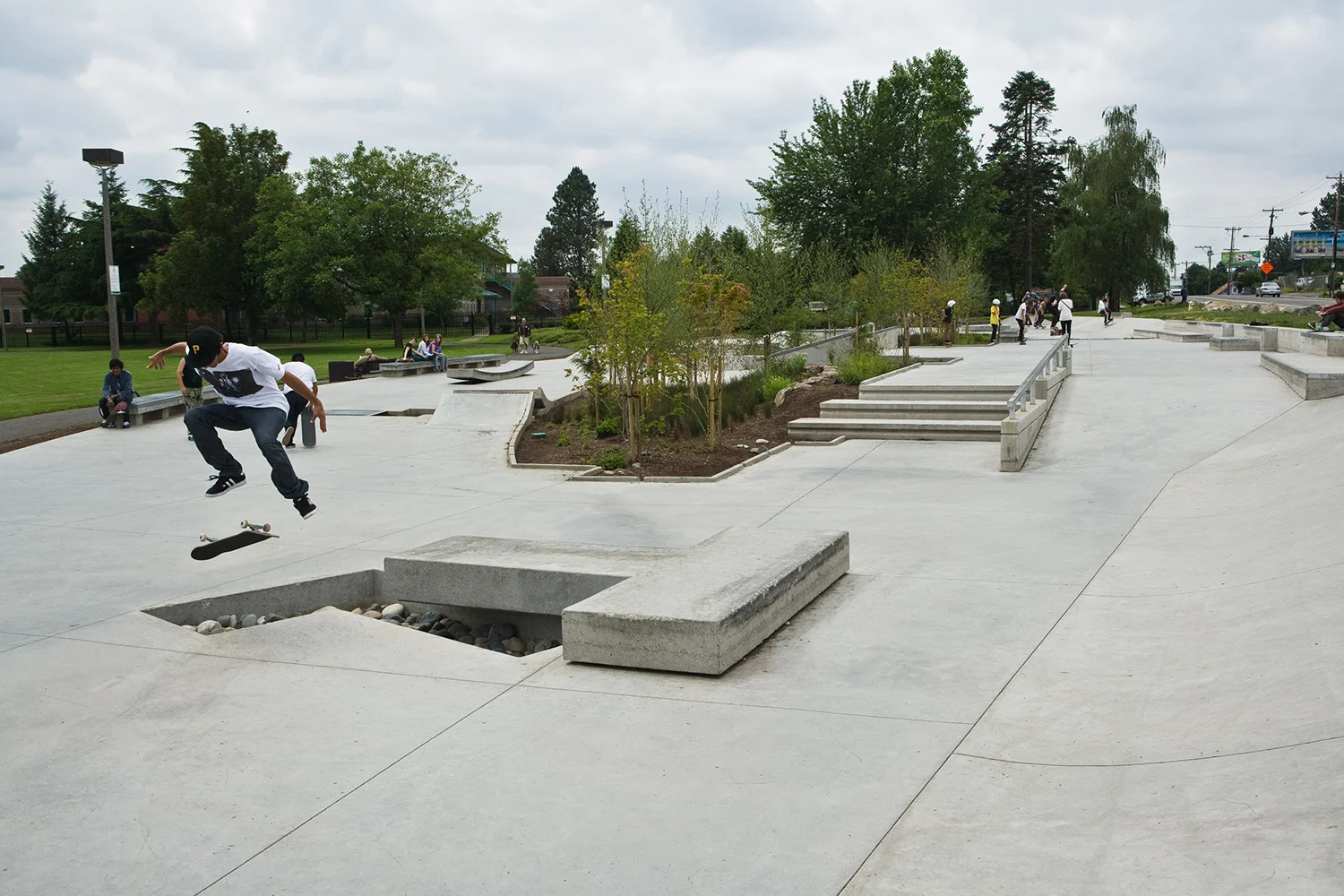 Ed Benedict Skate Plaza offers plenty of ledge features and challenging urban terrain for Portland’s street skating community.