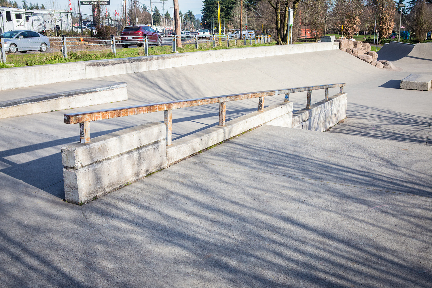  A lengthy square rail awaits those seeking thrills at Ed Benedict Skate Plaza. 