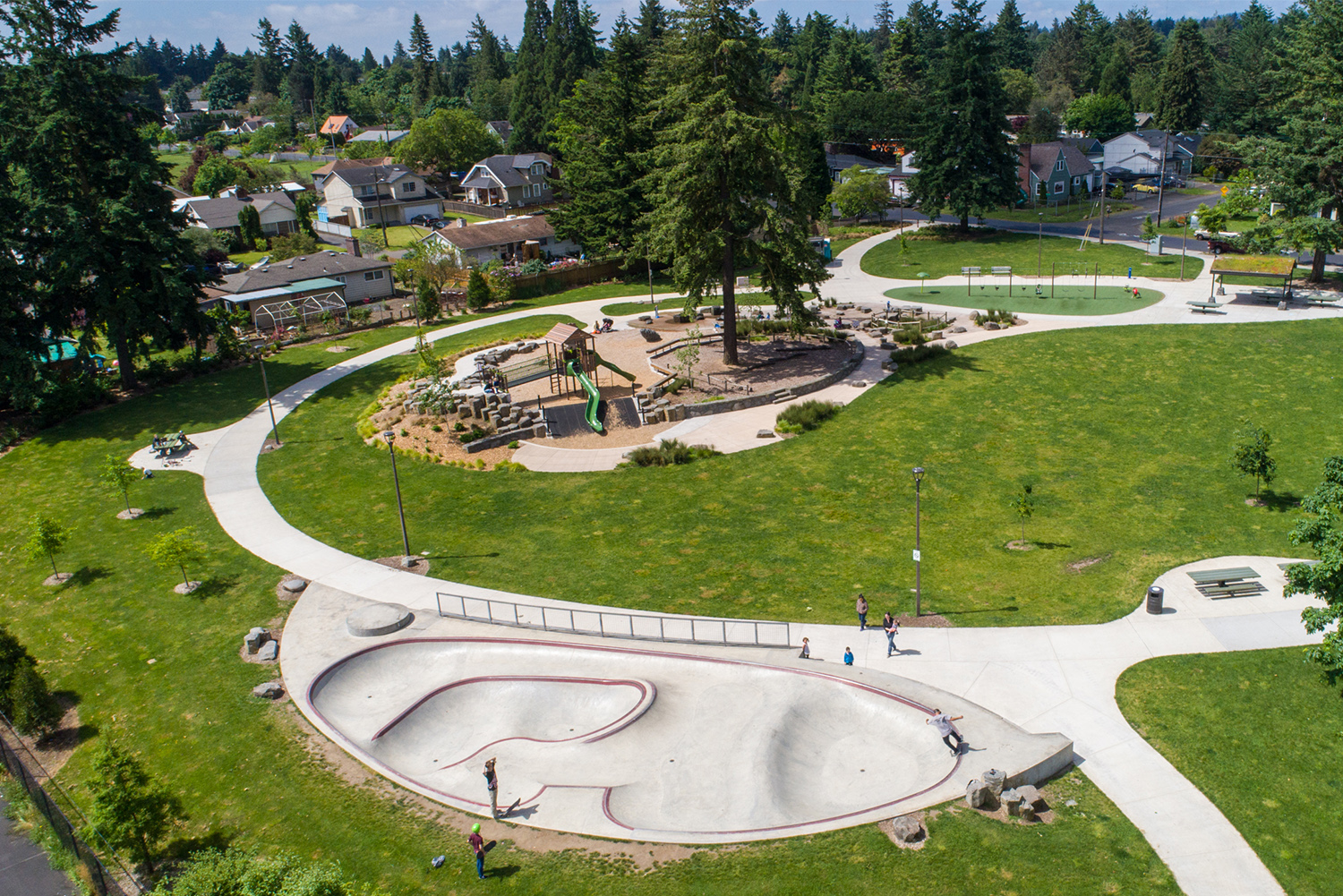  An aerial overview of Portland’s’ Khunamokwst Park which includes the Alberta Skate Spot 
