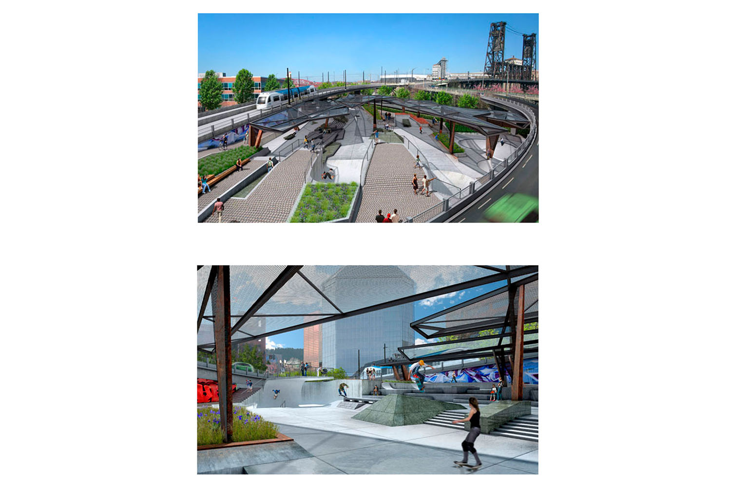  Preliminary renderings showing an overview and a street inspired section of the 30,000 square foot ODOT Steel Bridge Skatepark project. 