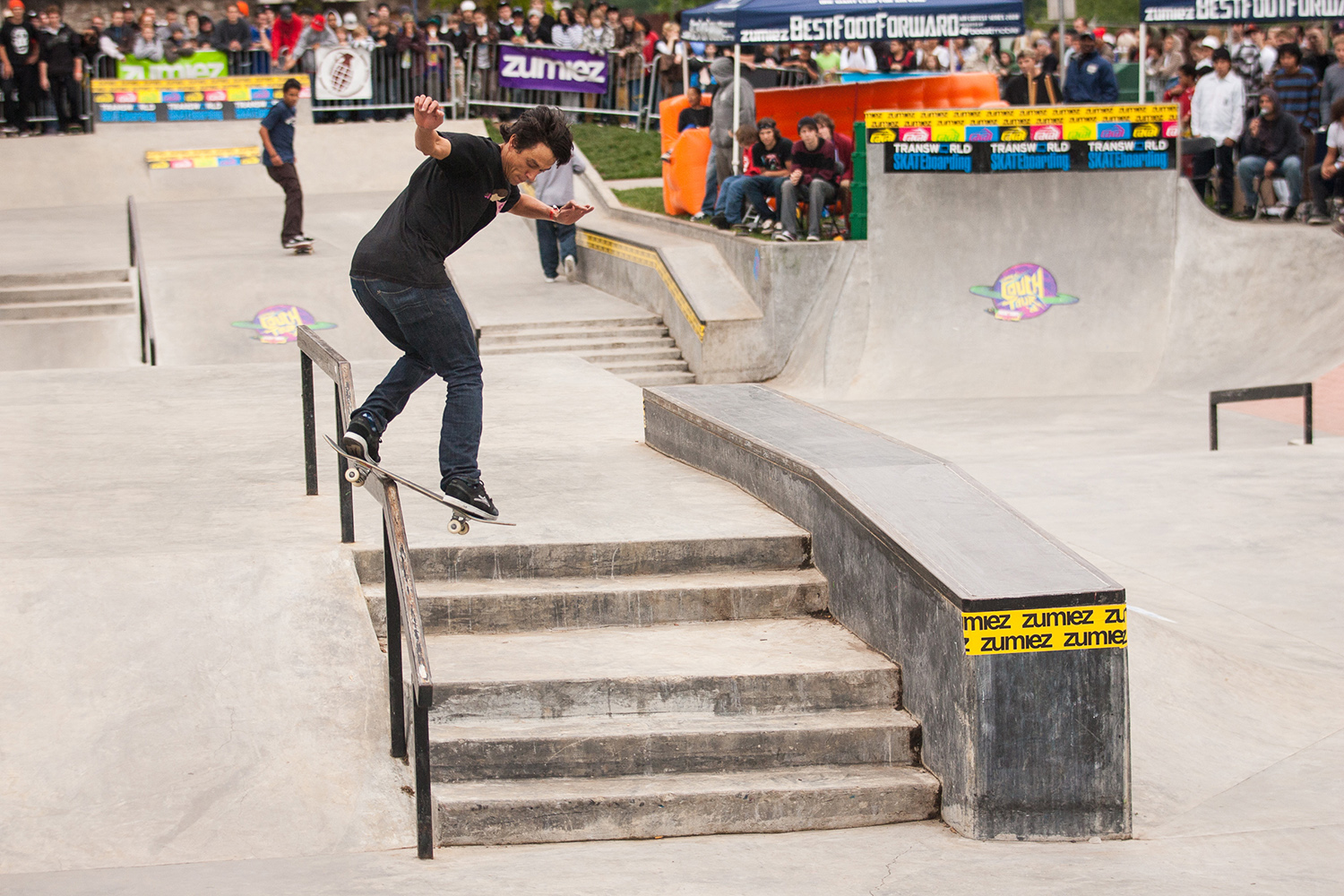  Pro skater Cairo Foster utilizes a rail during a publicized skate demo at the Glenhaven Skatepark. 
