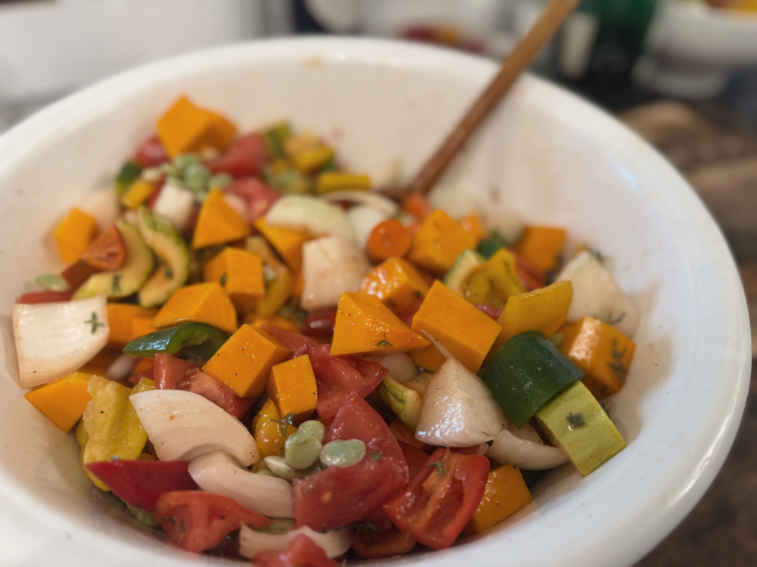 Chop all veggies into 1" cubes