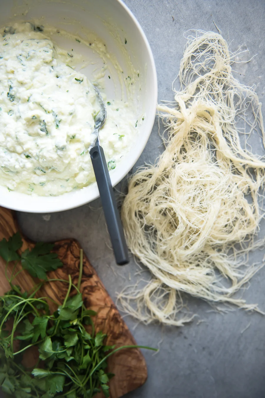 Gather a Table - FETA RICOTTA KADAIF NESTS WITH SPICY ROASTED TOMATO DIP