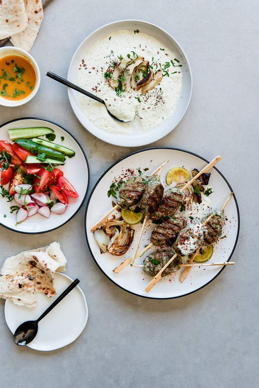 Turkey Kefta Kabobs with Roasted Artichoke Tahini and Za'atar Lafa Bread | Gather a Table