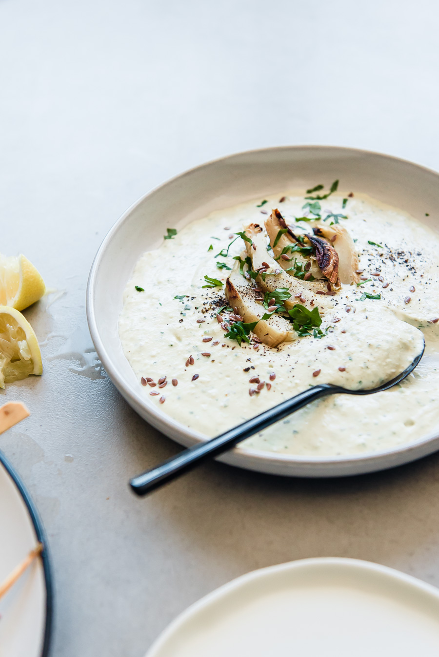 Turkey Kefta Kabobs with Roasted Artichoke Tahini and Za'atar Lafa Bread | Gather a Table