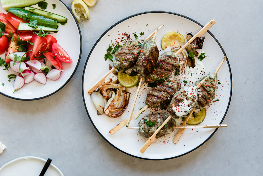 Turkey Kefta Kabobs with Roasted Artichoke Tahini and Za'atar Lafa Bread | Gather a Table