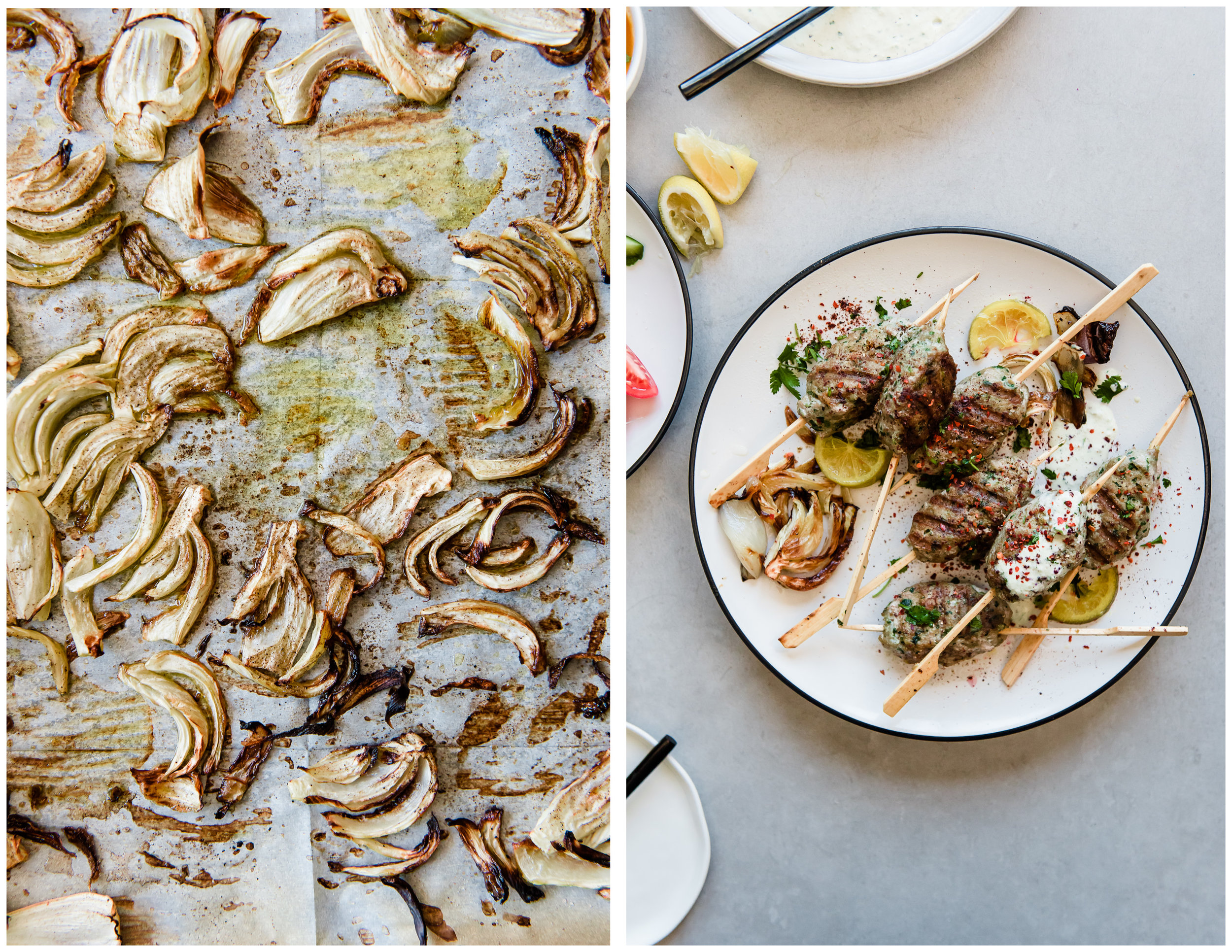 Turkey Kefta Kabobs with Roasted Artichoke Tahini and Za'atar Lafa Bread | Gather a Table