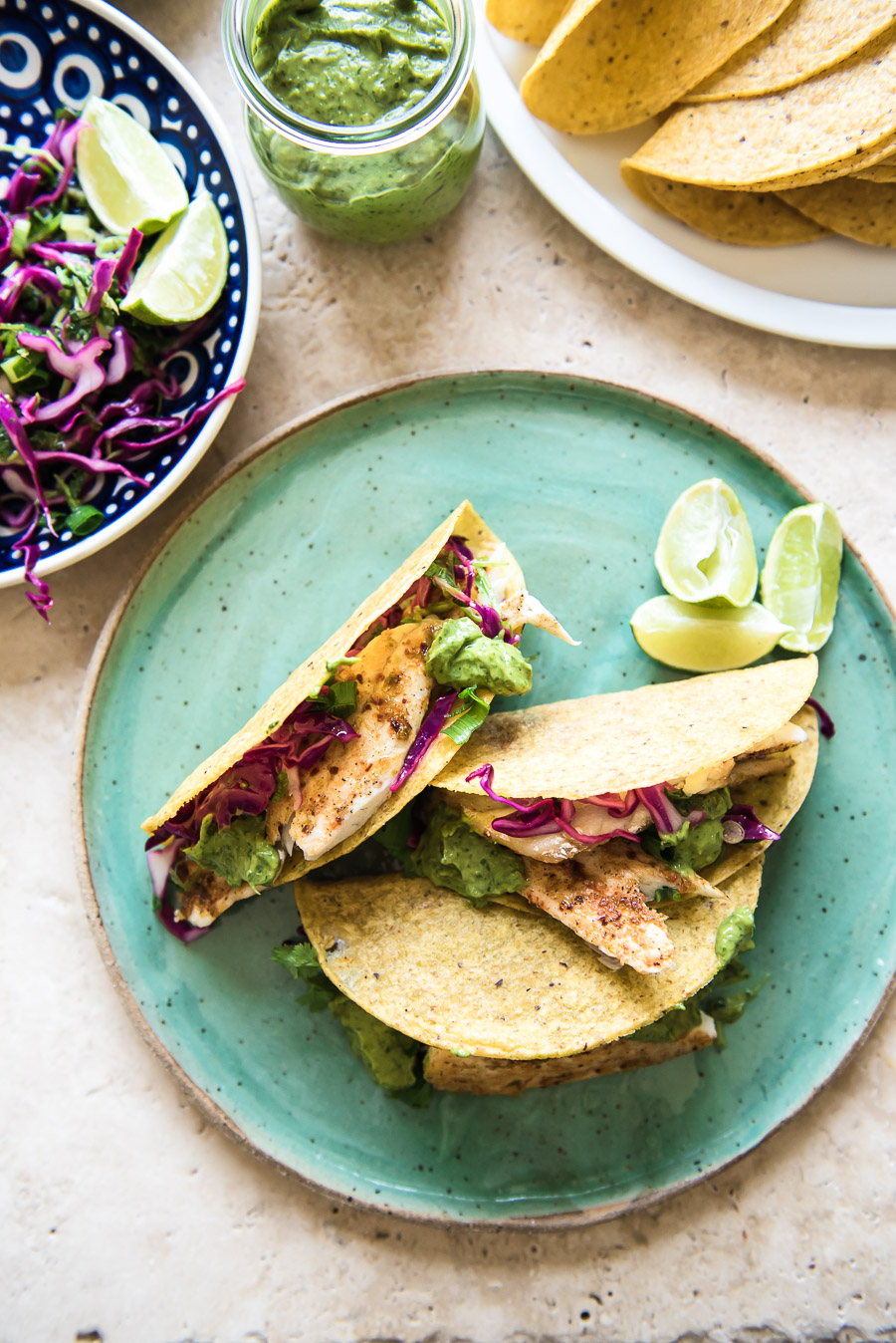 Fish Tacos with Lime Slaw and "Uh-Mazing" Green Sauce | Gather a Table