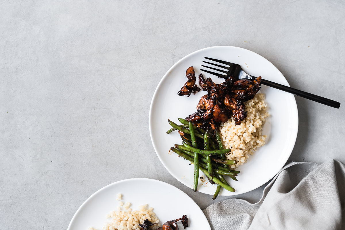 Sticky Asian Chicken Strips with Green Beans and Brown Rice | Gather a Table