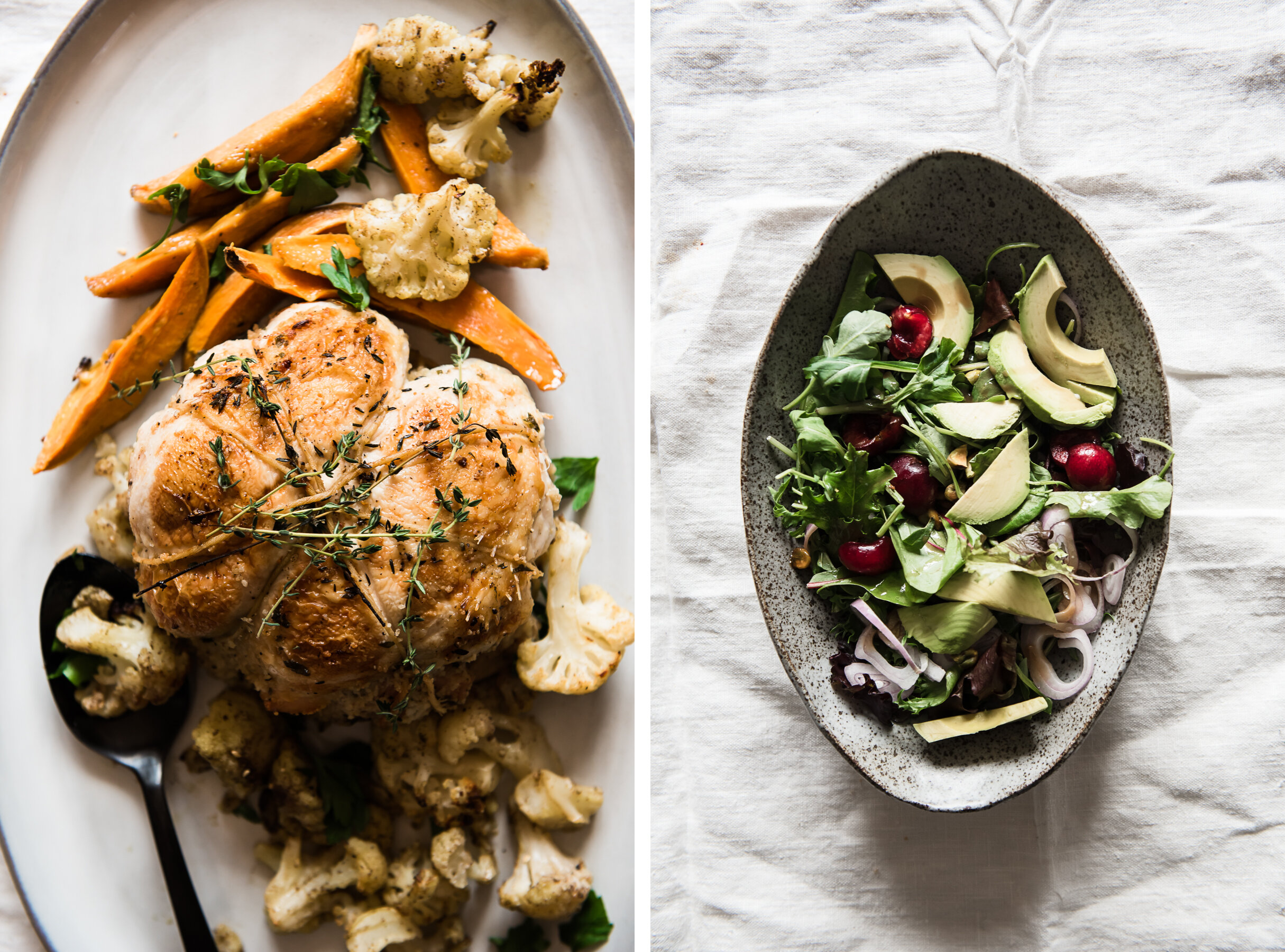 Couscous stuffed Chicken Cushion with Roasted Vegetables and Avocado Cherry Salad | Gather a Table