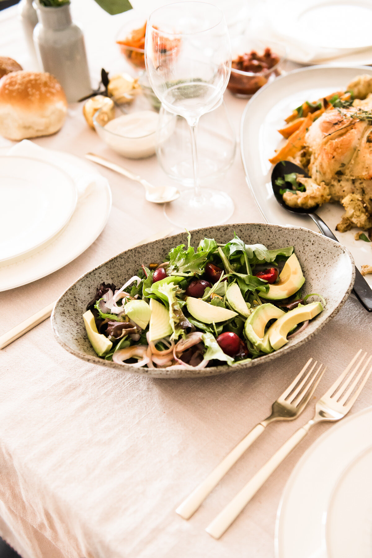 Couscous stuffed Chicken Cushion with Roasted Vegetables and Avocado Cherry Salad | Gather a Table