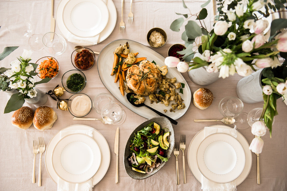 Couscous stuffed Chicken Cushion with Roasted Vegetables and Avocado Cherry Salad | Gather a Table