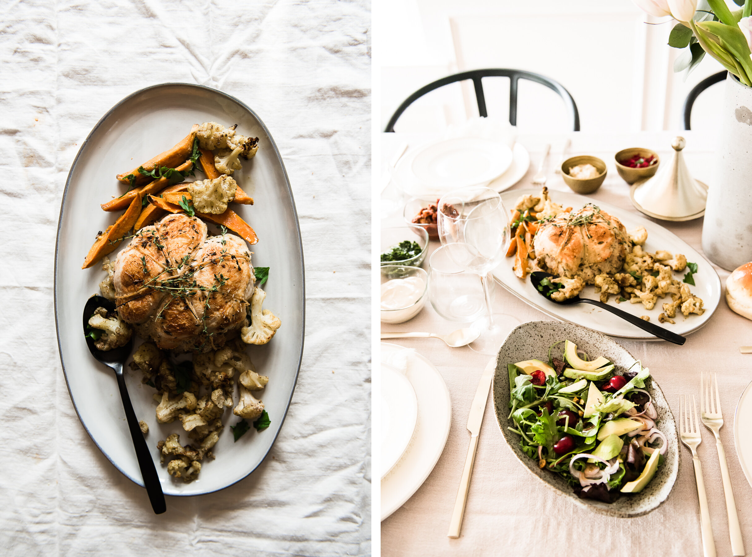 Couscous stuffed Chicken Cushion with Roasted Vegetables and Avocado Cherry Salad | Gather a Table