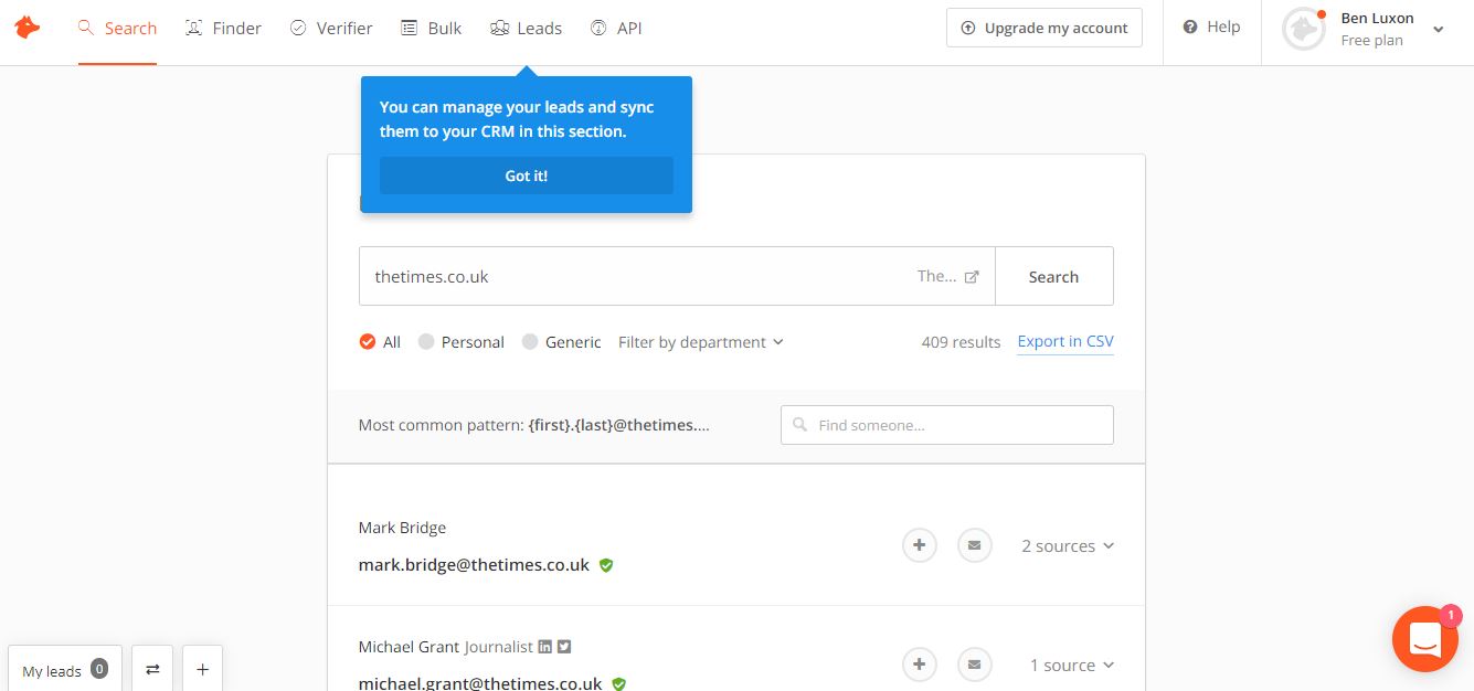 A simple search for The Times turned up 409 email addresses. The ones with a green tick beside them have been verified.