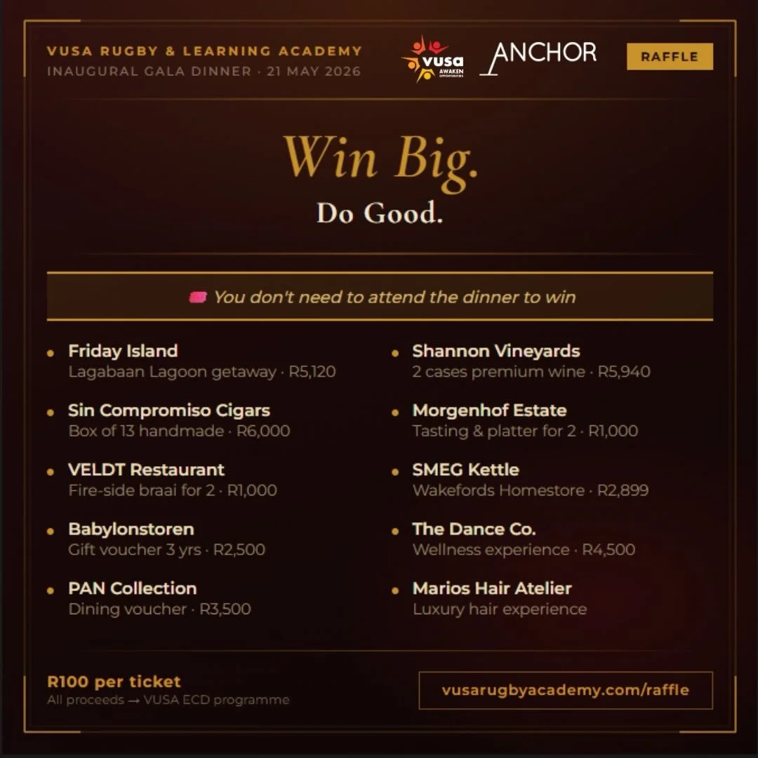 Some incredible prizes up for grabs at our inaugural Gala Dinner raffle. 🎟️

Can&rsquo;t make it on the night? No problem. Tickets are R100 each and you don&rsquo;t need to be there to win.

👉 Link in bio to enter.

#VUSARaffle #MoreThanAGame #VUSA