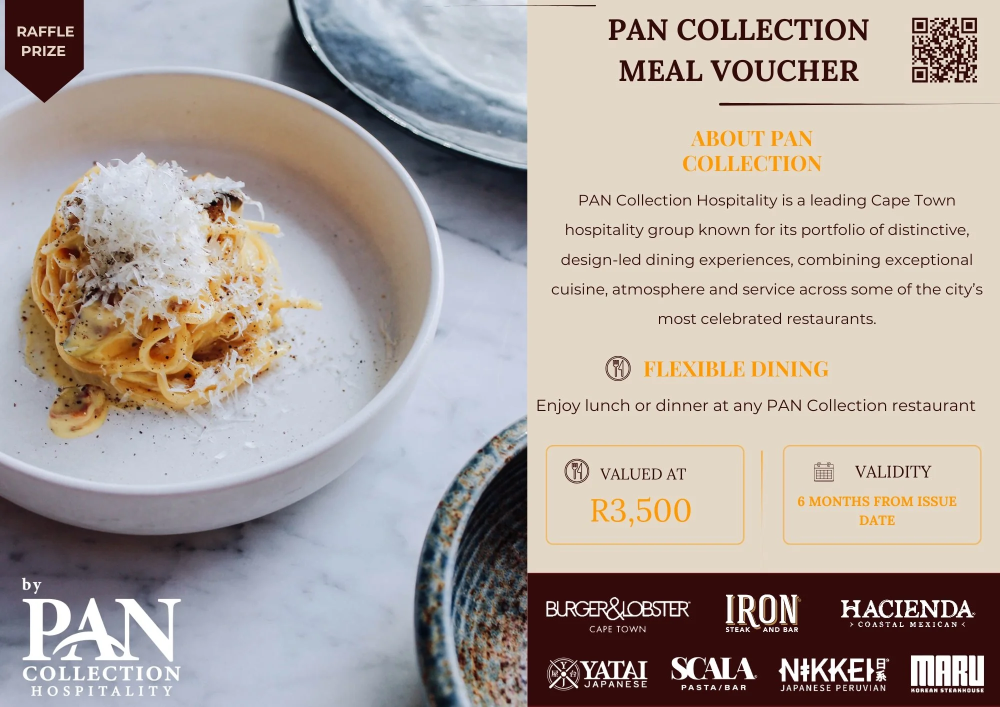 🍝 Dine in style with a R3,500 meal voucher for ANY PAN Collection restaurant in Cape Town!

Use it at @burgerandlobster , @ironsteaksa , @hacienda_sa , @yatai_za , @scalapasta , @nikkei_za or @maru__za . 
Valid 6 months from issue date.

Thank you t