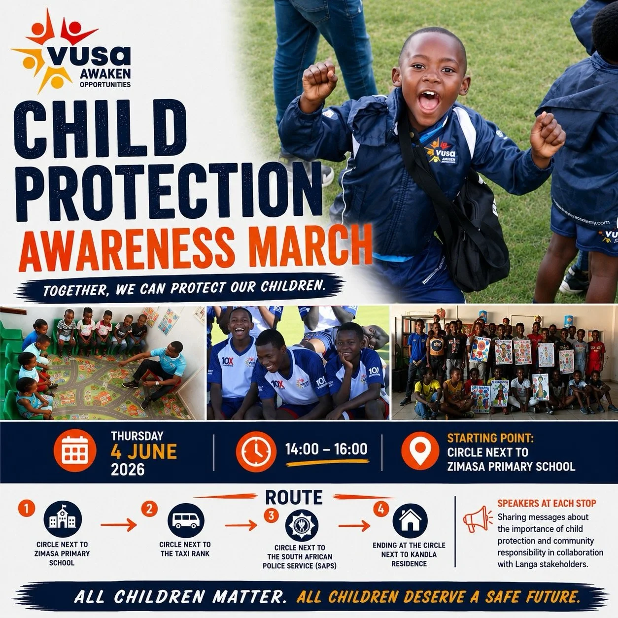 This Child Protection Week, let us move beyond awareness and into action.

Join VUSA, together with community stakeholders across Langa, as we unite for a Child Protection Awareness March dedicated to promoting the rights, safety and wellbeing of eve