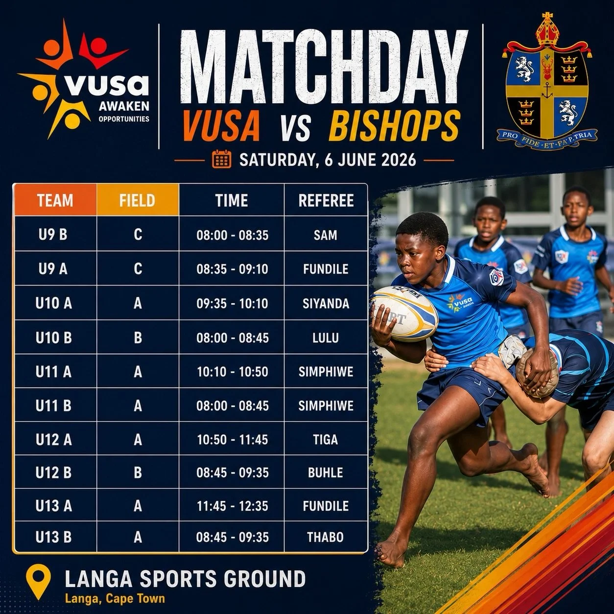 Join us this Saturday as our U9 to U13 teams welcome Bishops Prep to Langa for a morning of rugby.

We look forward to seeing players, families, supporters and friends of VUSA on the sidelines as our young athletes take to the field.

📅 Saturday, 6 