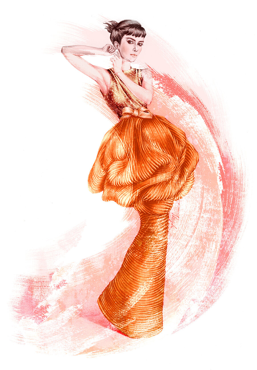 Bui Thuy An - Mixed media fashion illustration -Tangerine waves.jpg