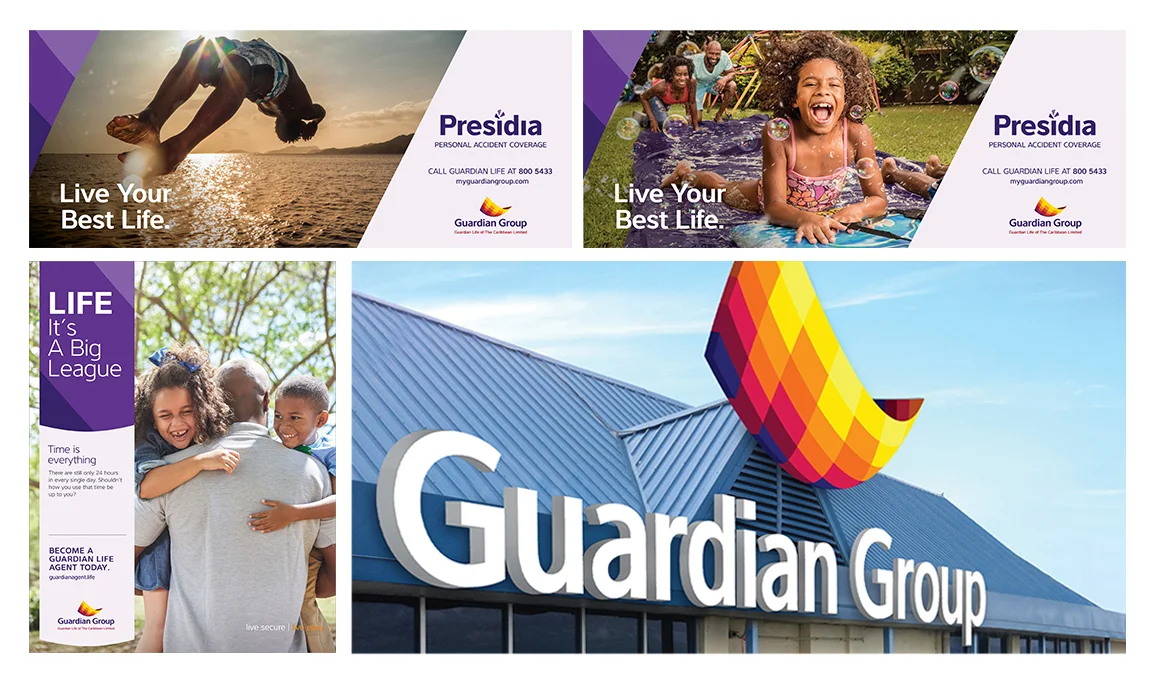 Guardian Group (clockwise from lower left) rebrand, recruitment campaign Life: It’s a Big League, and Presidia campaign Live Your Best Life.