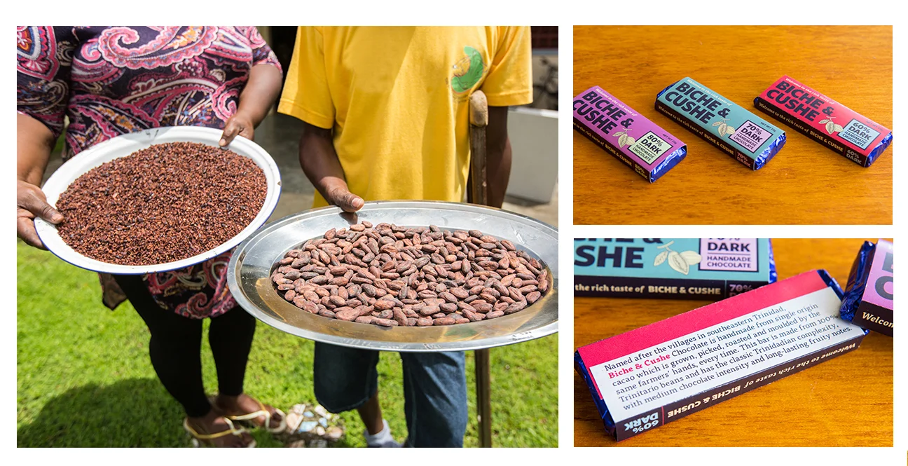 Cocoa farmers in Biche and Cushe showing cocoa nibs and beans (left); identity and label design for finished product (right).
