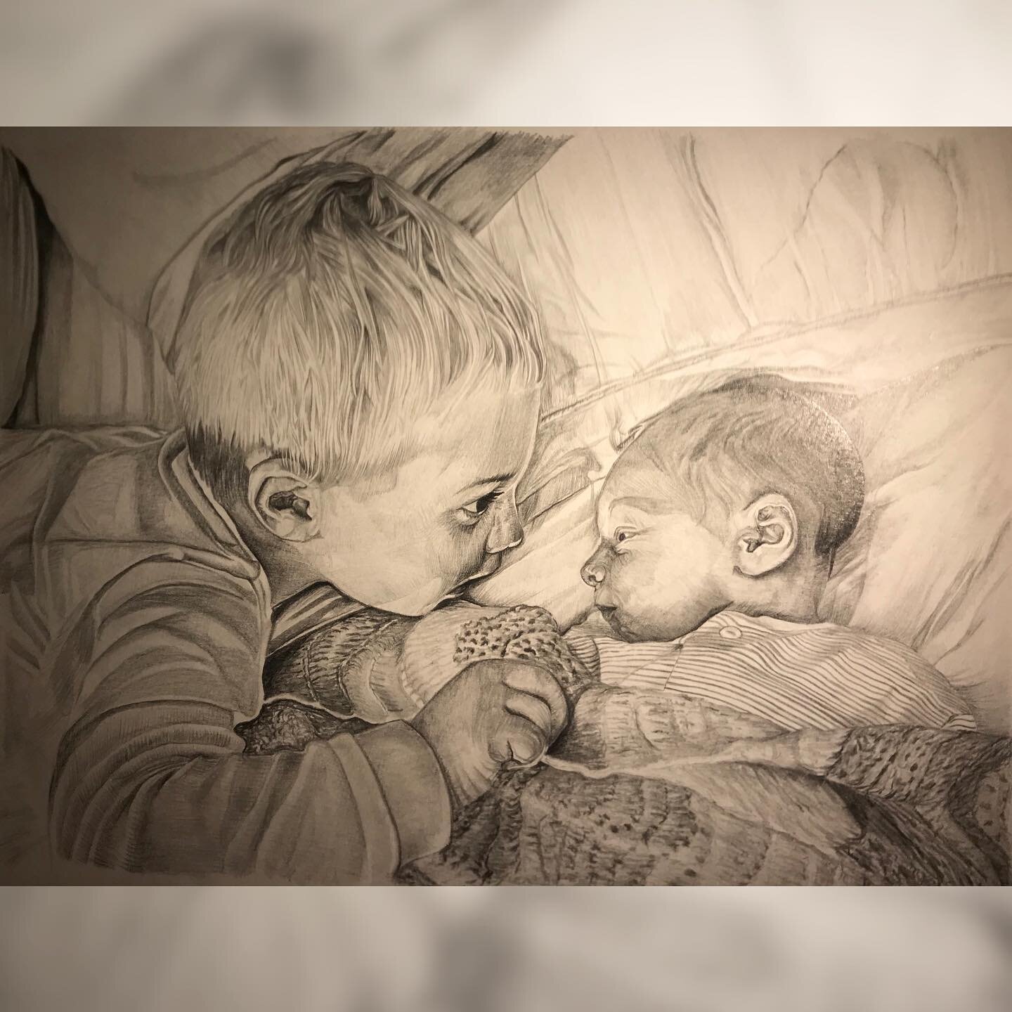 My first commission that isn&rsquo;t an animal! 😅 Two brothers meeting for the first time 🖼 💙 
&bull;
&bull;
&bull;

#brothers #realismdrawing #bespoke #drawings #commissionsopen #portraitdrawing #portraitsofinstagram #artistsoninstagram #discover