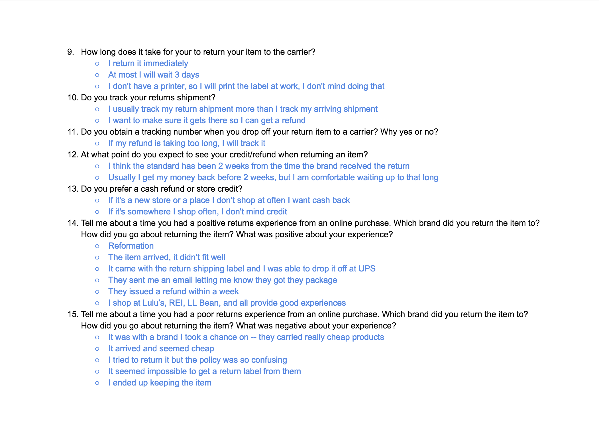 Screenshot of raw interview notes