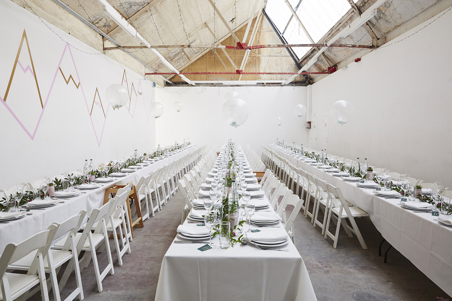 DIY warehouse wedding table layout 
