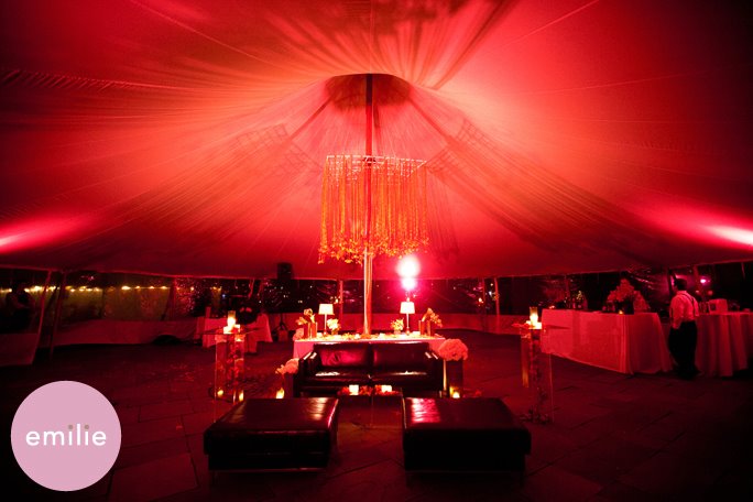 Malloy Weddings | New England wedding lighting | Red LED uplighting with custom ribbon chandelier, Portsmouth NH wedding